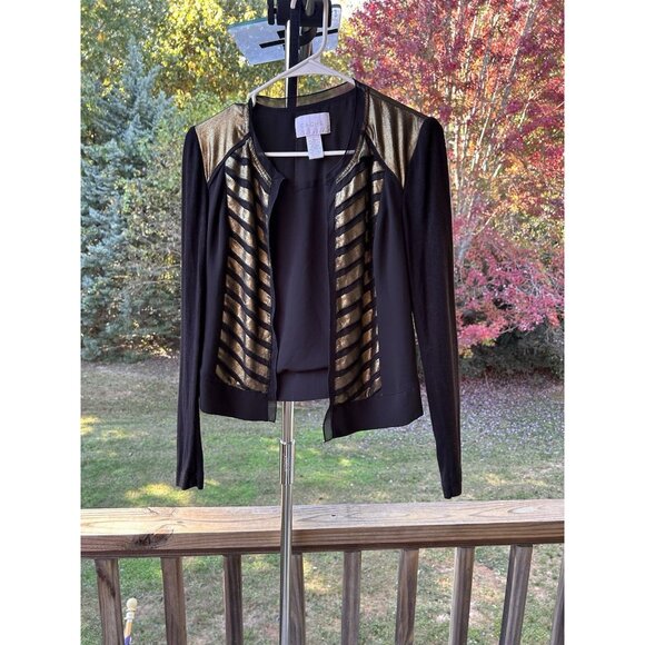 Cache Cardigan Jacket Open Front Top Black & Metallic Gold Holiday Party Size 0 - Picture 15 of 16